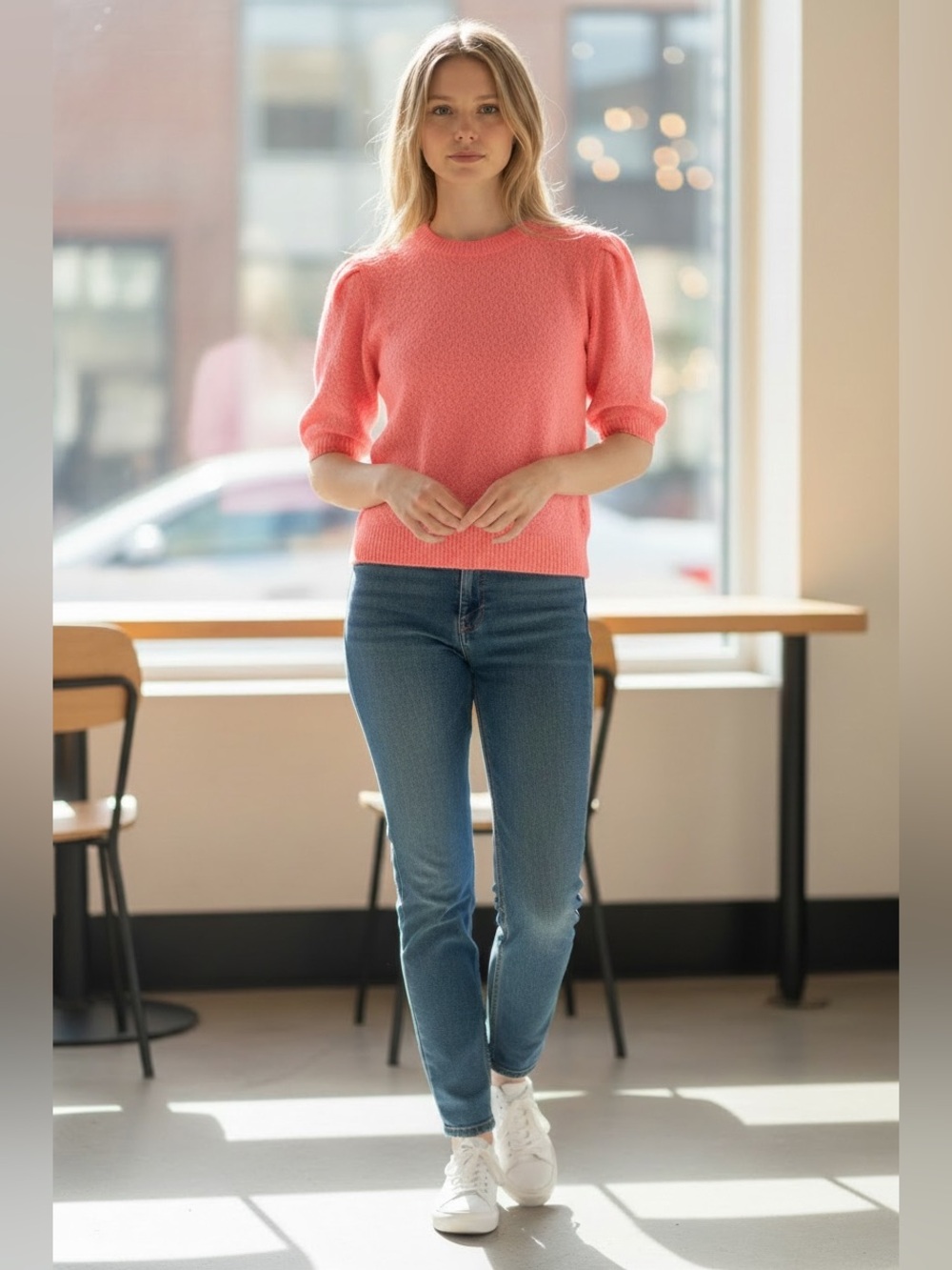 Caslon Coral Pink Short Sleeve Textured Sweater Top